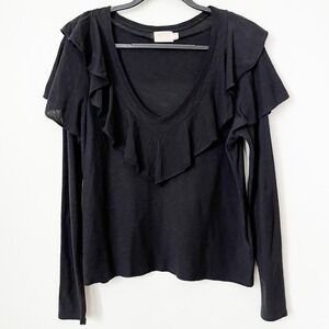 Nation LTD Kelsey Ruffled Romance Deep V Neck Tee Black Pima Cotton Womens Large